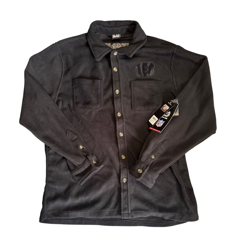 NFL Ultra Game Cincinnati Bengals Fleece Button Down Shirt Jacket Black Mens M
